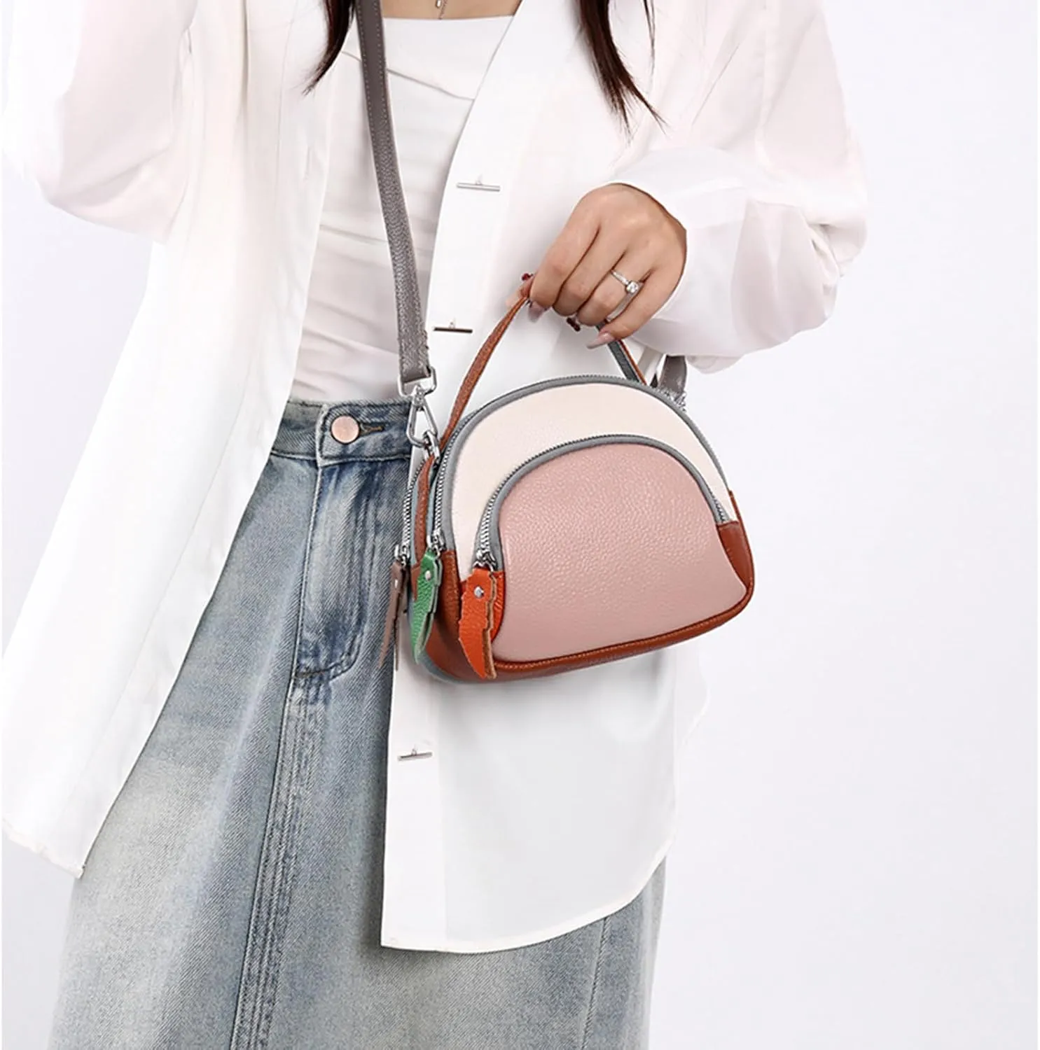 Genuine Leather Shoulder Bags for women,color blocking cowhide crossbody bags,multi layered handbag,Triple Zip Purses