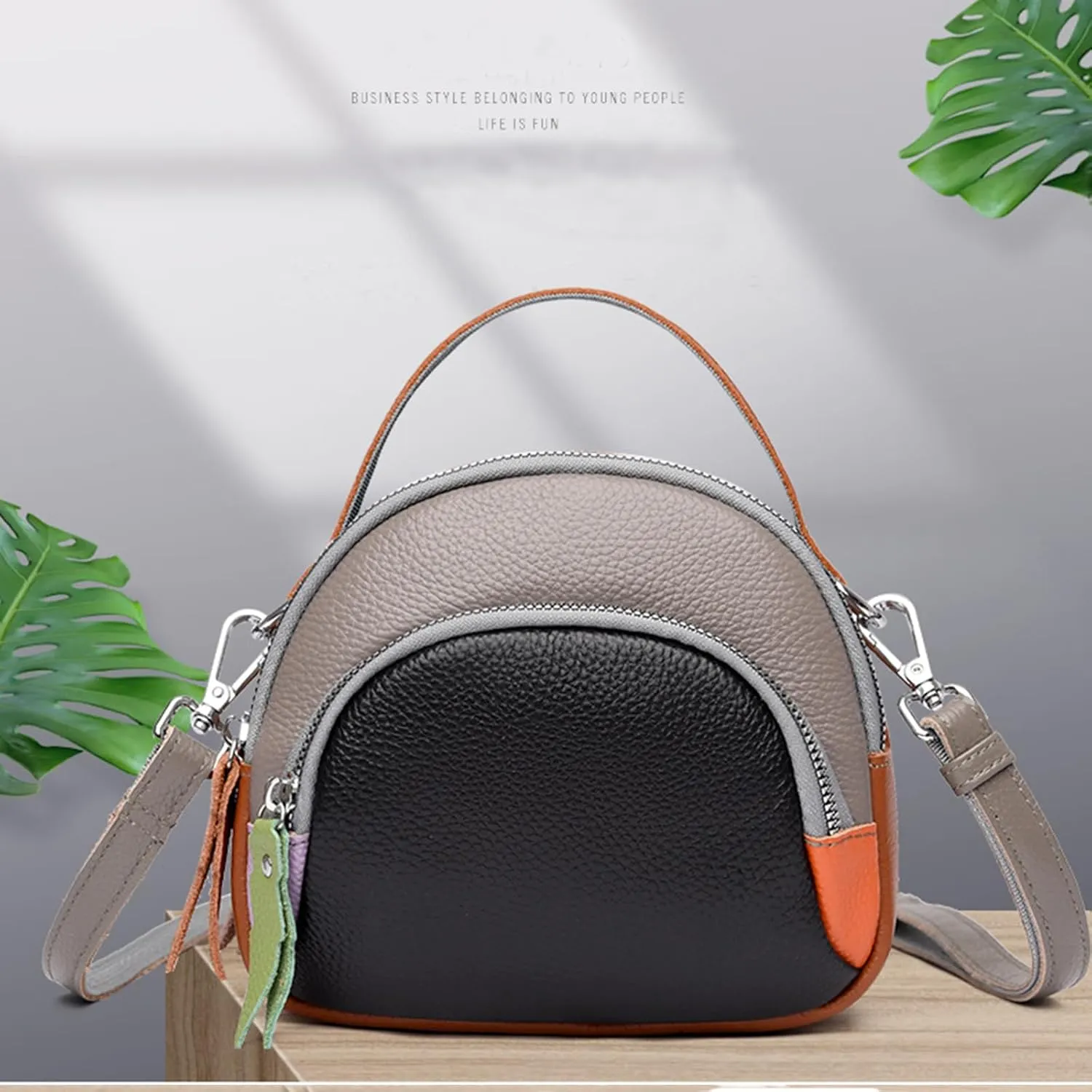 Genuine Leather Shoulder Bags for women,color blocking cowhide crossbody bags,multi layered handbag,Triple Zip Purses