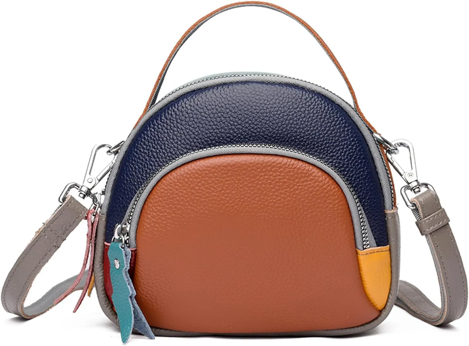 Genuine Leather Shoulder Bags for women,color blocking cowhide crossbody bags,multi layered handbag,Triple Zip Purses