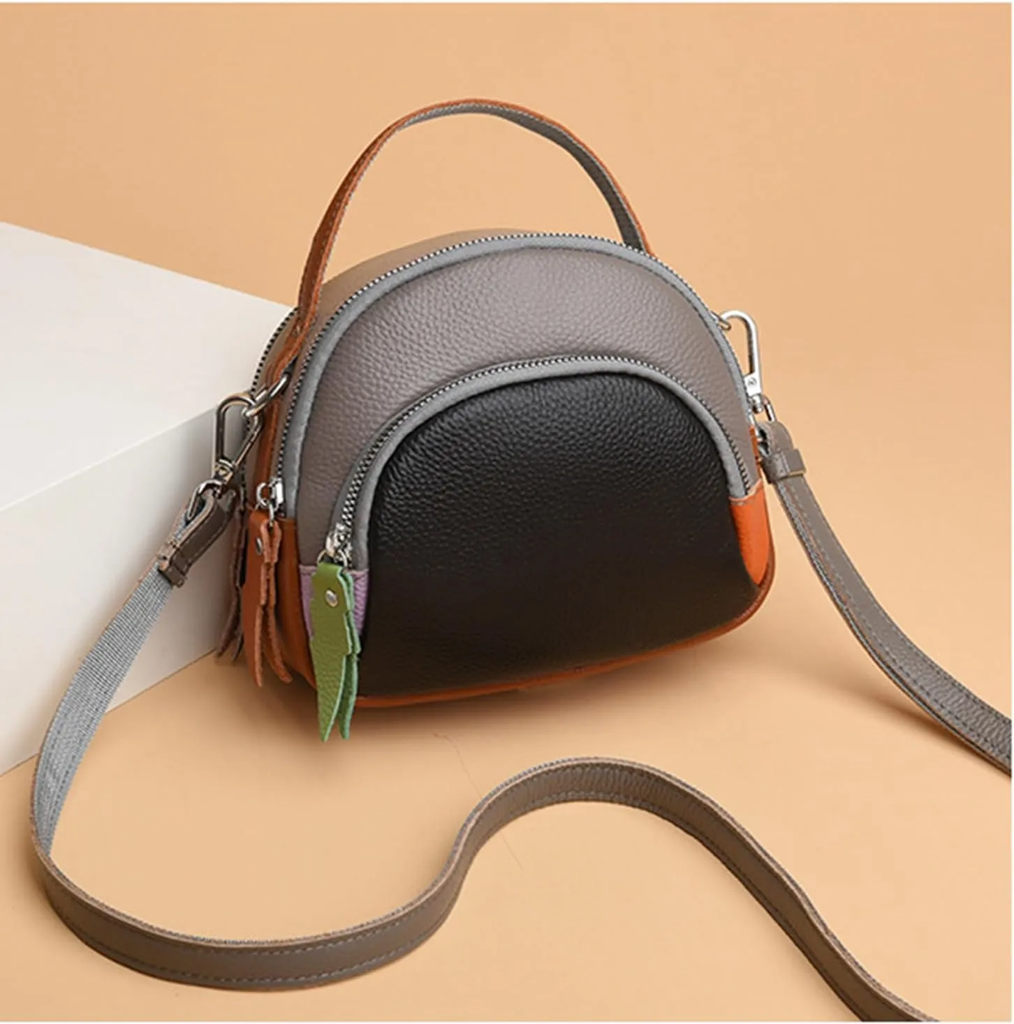 Genuine Leather Shoulder Bags for women,color blocking cowhide crossbody bags,multi layered handbag,Triple Zip Purses