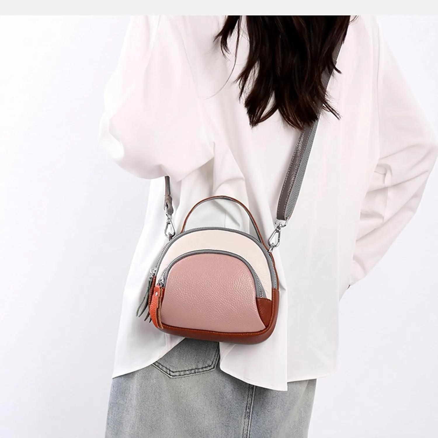 Genuine Leather Shoulder Bags for women,color blocking cowhide crossbody bags,multi layered handbag,Triple Zip Purses