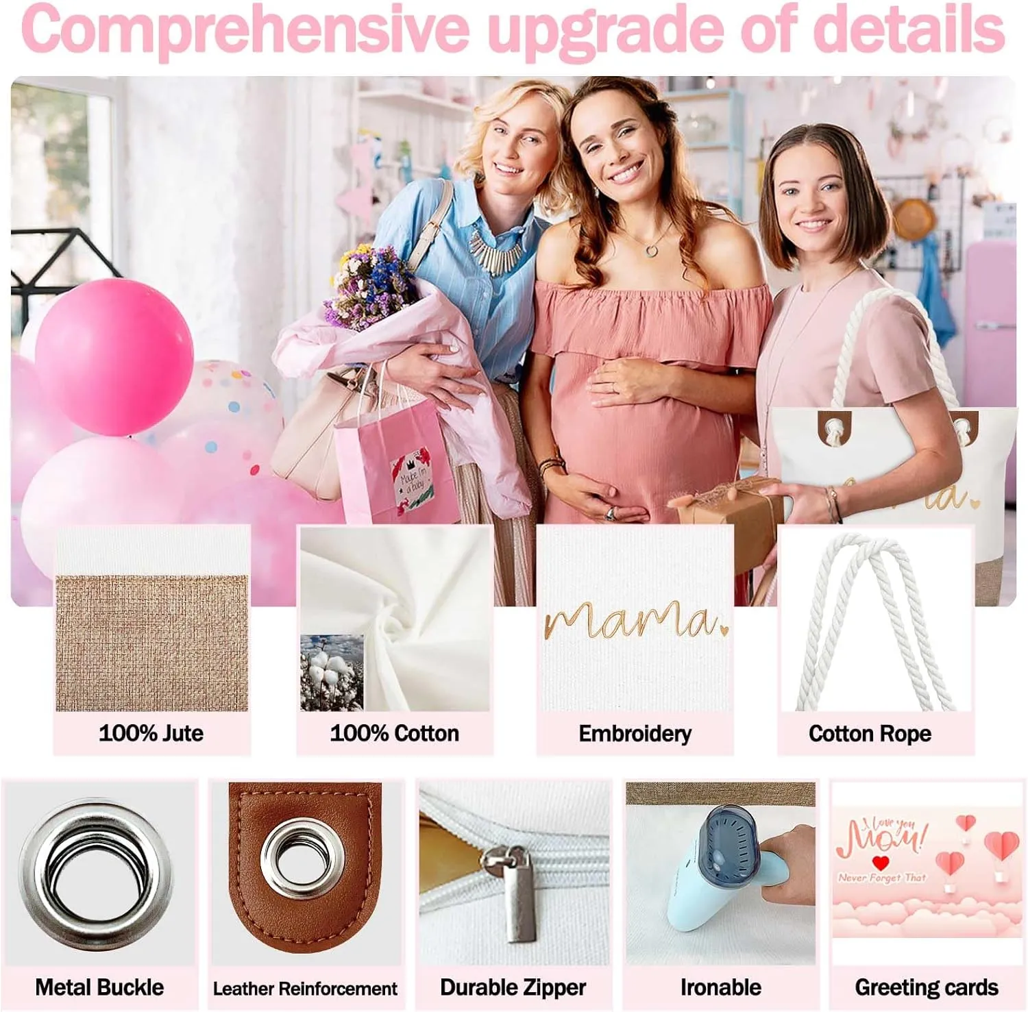 GhvyenntteS Mama Bag, Mama Tote Bag with Zipper, Birthday Gifts for Women Mom Grandma, New Mom Gifts for Hospital, Shopping, Beach, Travel