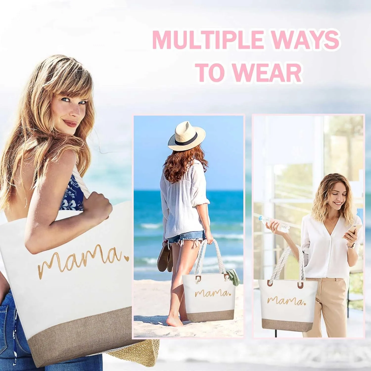 GhvyenntteS Mama Bag, Mama Tote Bag with Zipper, Birthday Gifts for Women Mom Grandma, New Mom Gifts for Hospital, Shopping, Beach, Travel