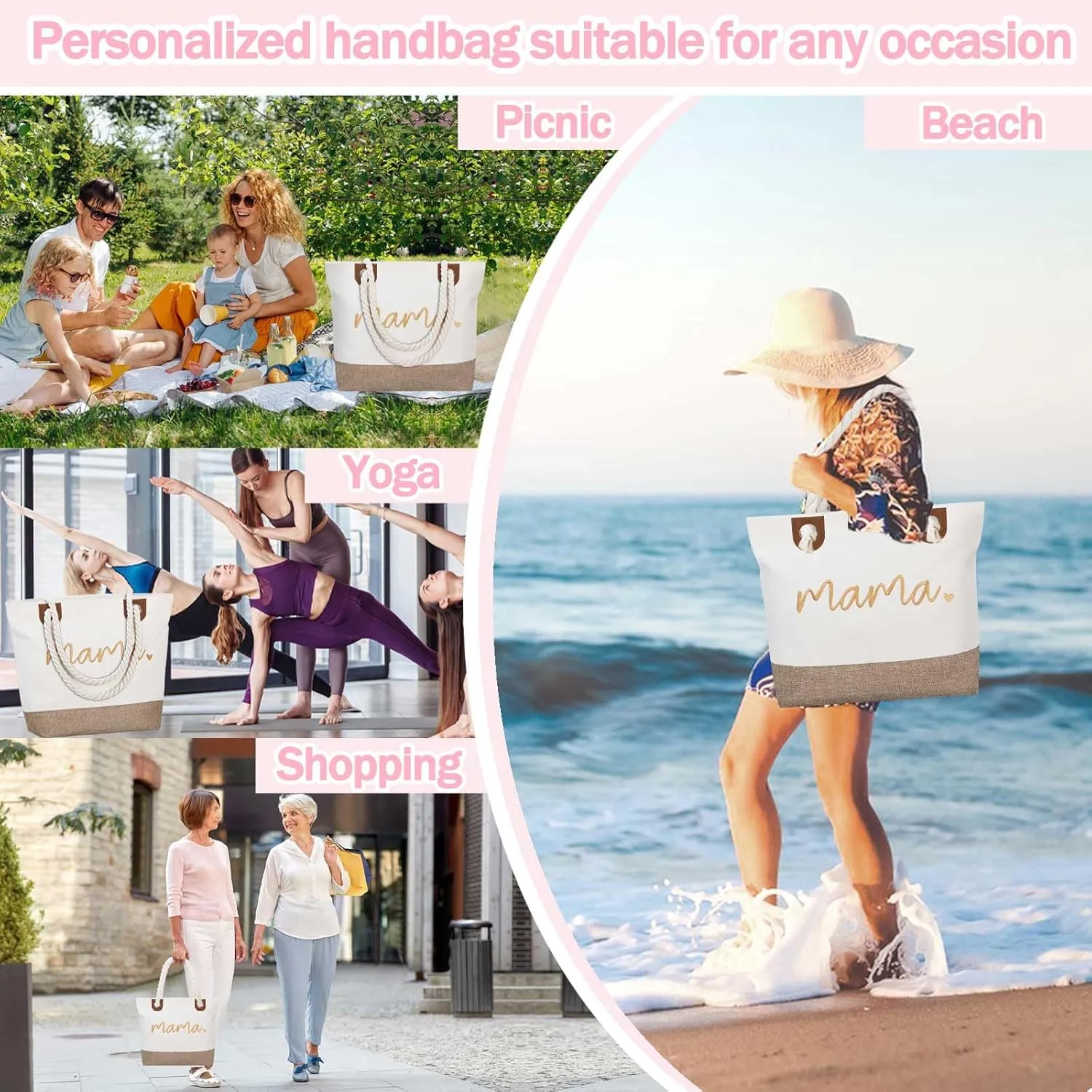 GhvyenntteS Mama Bag, Mama Tote Bag with Zipper, Birthday Gifts for Women Mom Grandma, New Mom Gifts for Hospital, Shopping, Beach, Travel