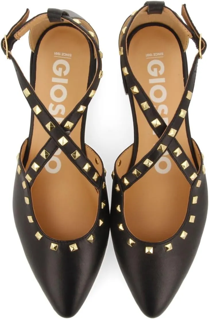 GIOSEPPO Black Leather Ballerinas with Fine Toe and Studs Detail for Women Garcon