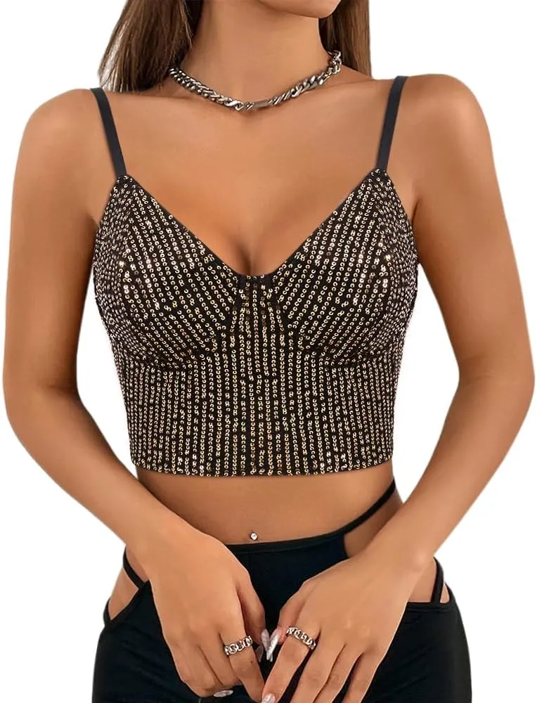 Giovacker Women's Sexy V-Neck Spaghetti Strap Sparkle Sequined Crop Tops Tube Top Bustier Vest Tank Rave Clubwear Camis Tee