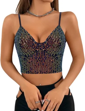 Giovacker Women's Sexy V-Neck Spaghetti Strap Sparkle Sequined Crop Tops Tube Top Bustier Vest Tank Rave Clubwear Camis Tee