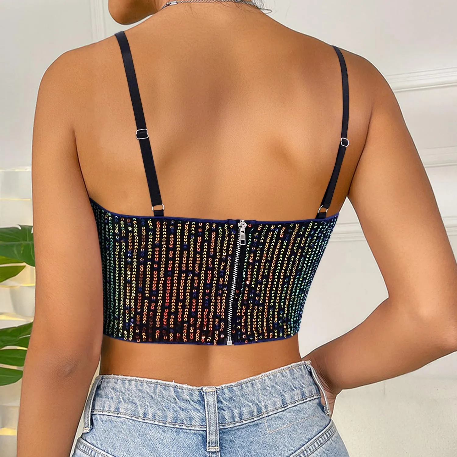 Giovacker Women's Sexy V-Neck Spaghetti Strap Sparkle Sequined Crop Tops Tube Top Bustier Vest Tank Rave Clubwear Camis Tee