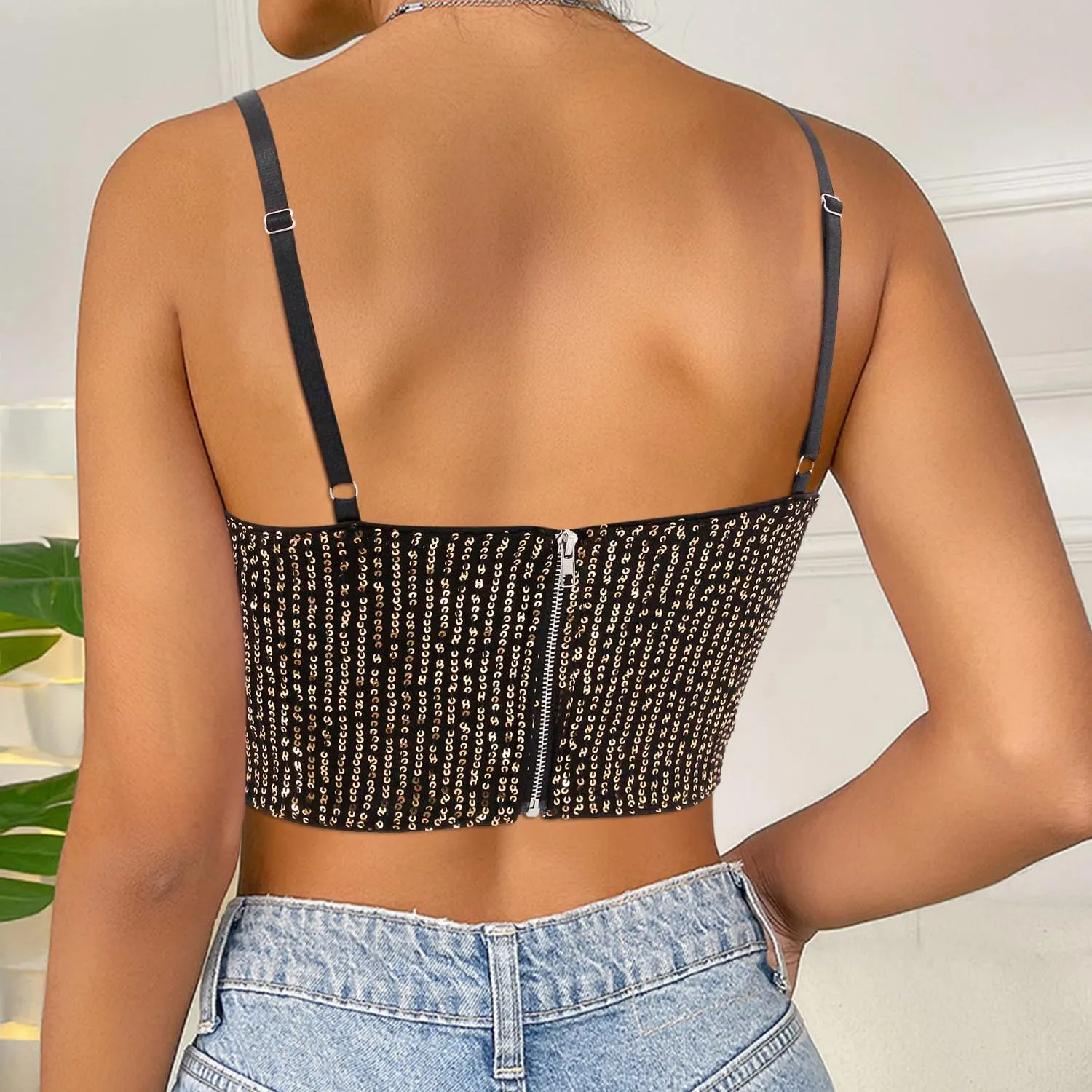 Giovacker Women's Sexy V-Neck Spaghetti Strap Sparkle Sequined Crop Tops Tube Top Bustier Vest Tank Rave Clubwear Camis Tee