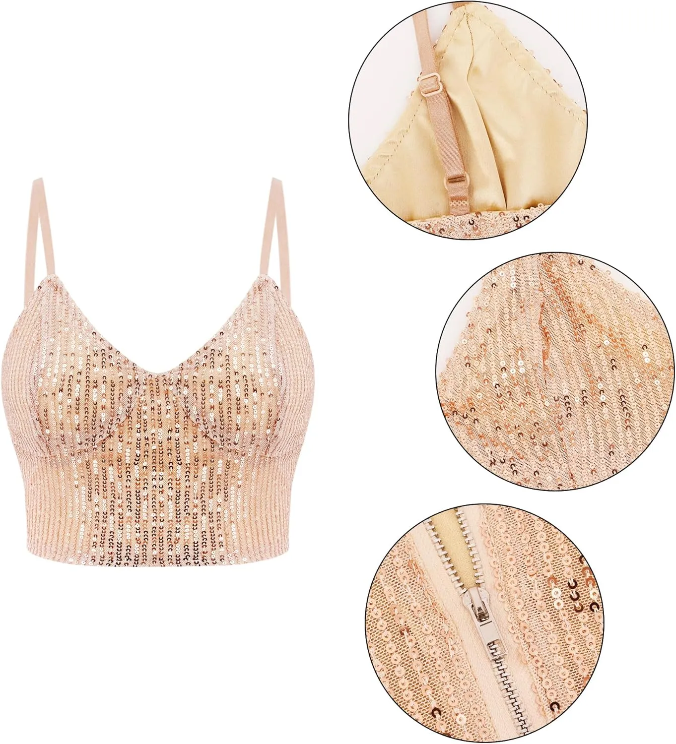 Giovacker Women's Sexy V-Neck Spaghetti Strap Sparkle Sequined Crop Tops Tube Top Bustier Vest Tank Rave Clubwear Camis Tee