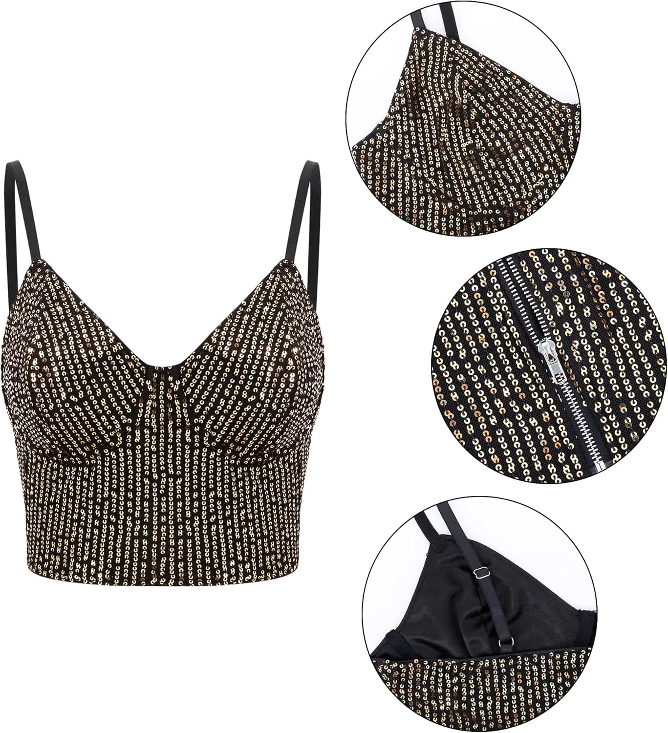 Giovacker Women's Sexy V-Neck Spaghetti Strap Sparkle Sequined Crop Tops Tube Top Bustier Vest Tank Rave Clubwear Camis Tee
