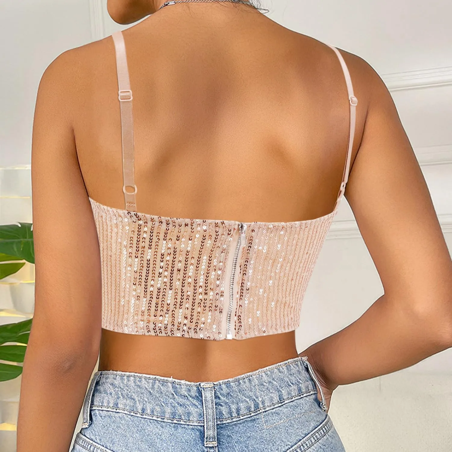 Giovacker Women's Sexy V-Neck Spaghetti Strap Sparkle Sequined Crop Tops Tube Top Bustier Vest Tank Rave Clubwear Camis Tee