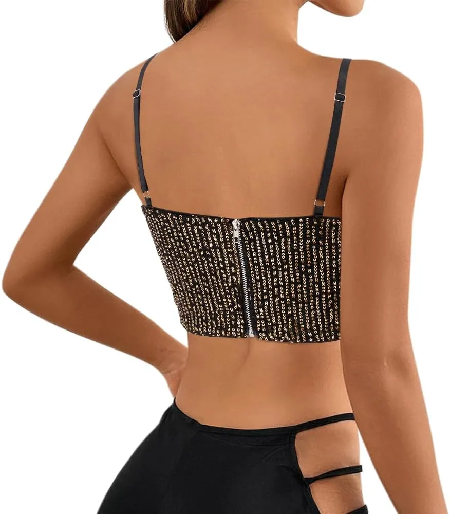 Giovacker Women's Sexy V-Neck Spaghetti Strap Sparkle Sequined Crop Tops Tube Top Bustier Vest Tank Rave Clubwear Camis Tee
