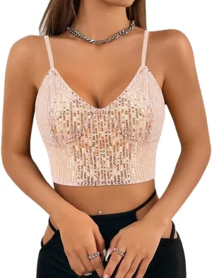 Giovacker Women's Sexy V-Neck Spaghetti Strap Sparkle Sequined Crop Tops Tube Top Bustier Vest Tank Rave Clubwear Camis Tee
