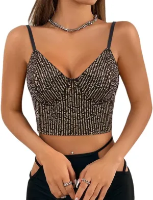 Giovacker Women's Sexy V-Neck Spaghetti Strap Sparkle Sequined Crop Tops Tube Top Bustier Vest Tank Rave Clubwear Camis Tee