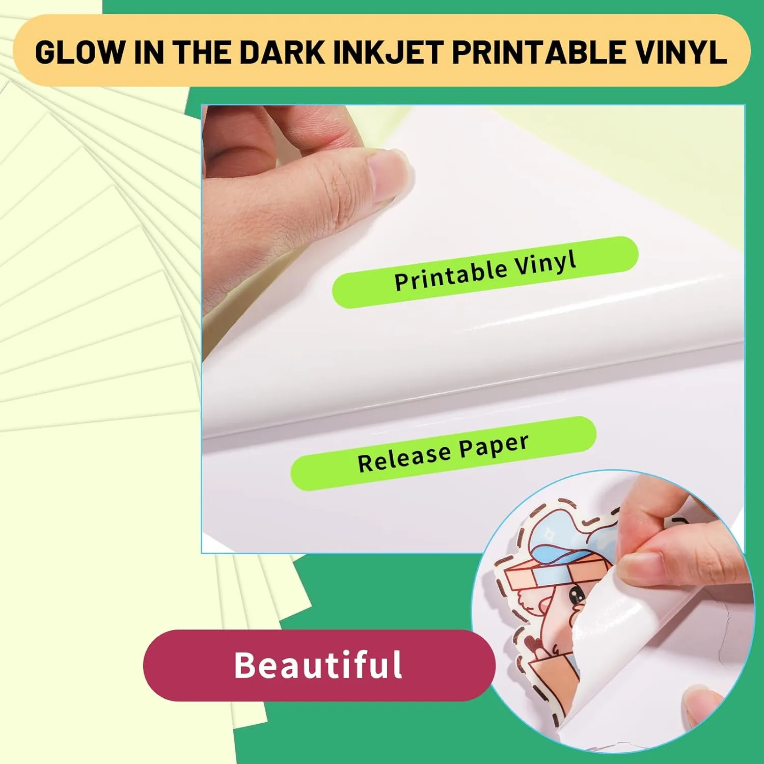 GIRAFVINYL Glow in the Dark Printable Sticker Paper for Inkjet Printer - Printable Vinyl Sticker Paper White Vinyl Sheets - Waterproof Decal Paper - 10 Sheets, 8.5"x11"