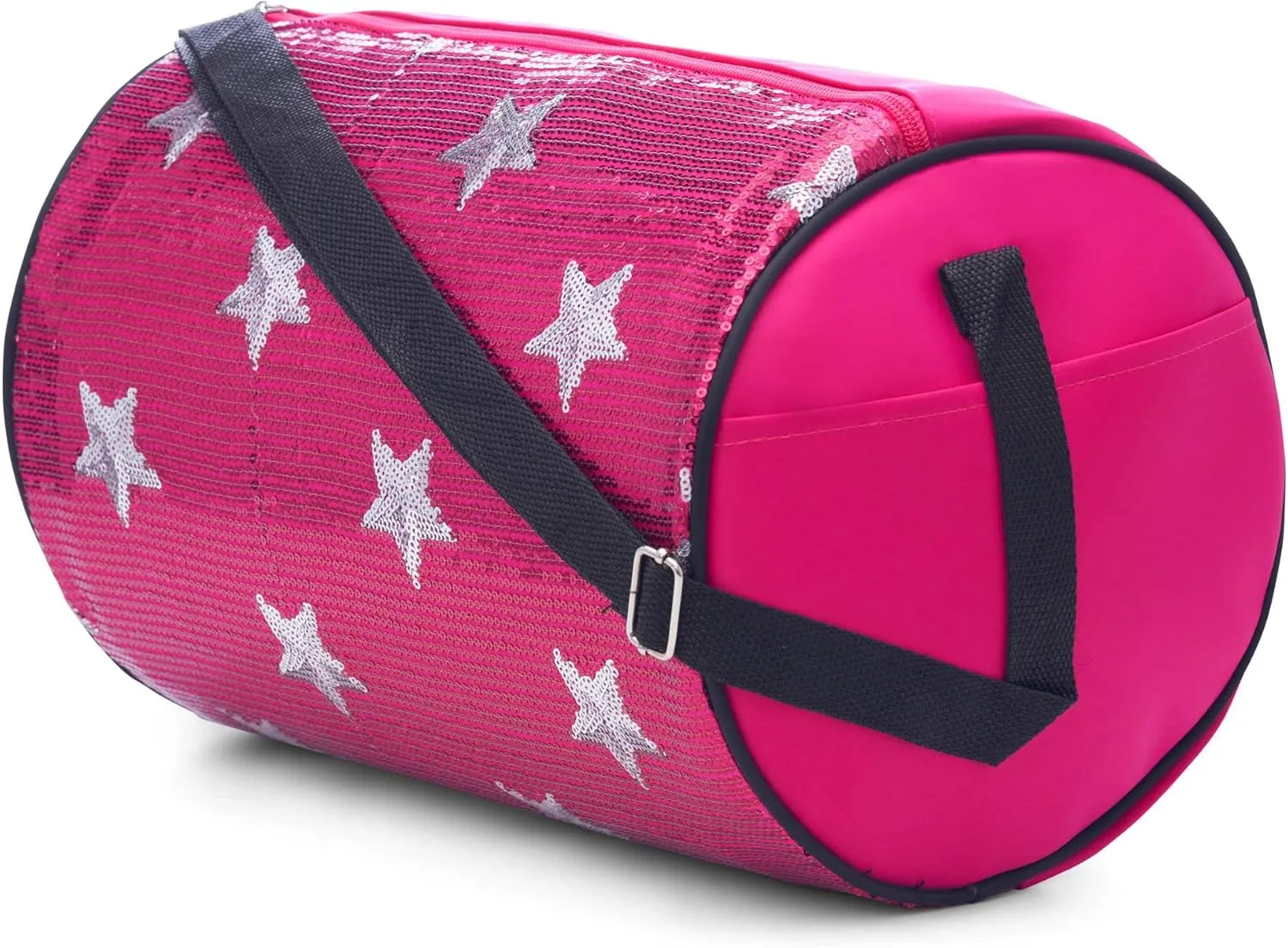 Girls Dance Duffle Bag with Sequin Stars, Kids Travel Bag with Adjustable Carry On and Handy Pouch, Gymnastics Bag, Dance Accessories For Girls - Fuschia