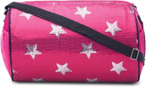 Girls Dance Duffle Bag with Sequin Stars, Kids Travel Bag with Adjustable Carry On and Handy Pouch, Gymnastics Bag, Dance Accessories For Girls - Fuschia