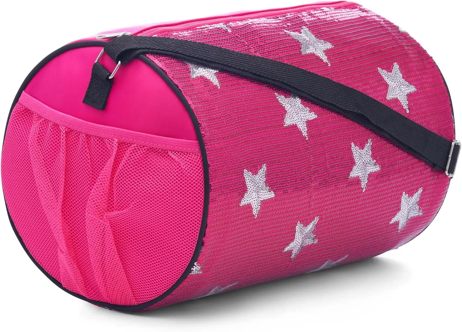 Girls Dance Duffle Bag with Sequin Stars, Kids Travel Bag with Adjustable Carry On and Handy Pouch, Gymnastics Bag, Dance Accessories For Girls - Fuschia