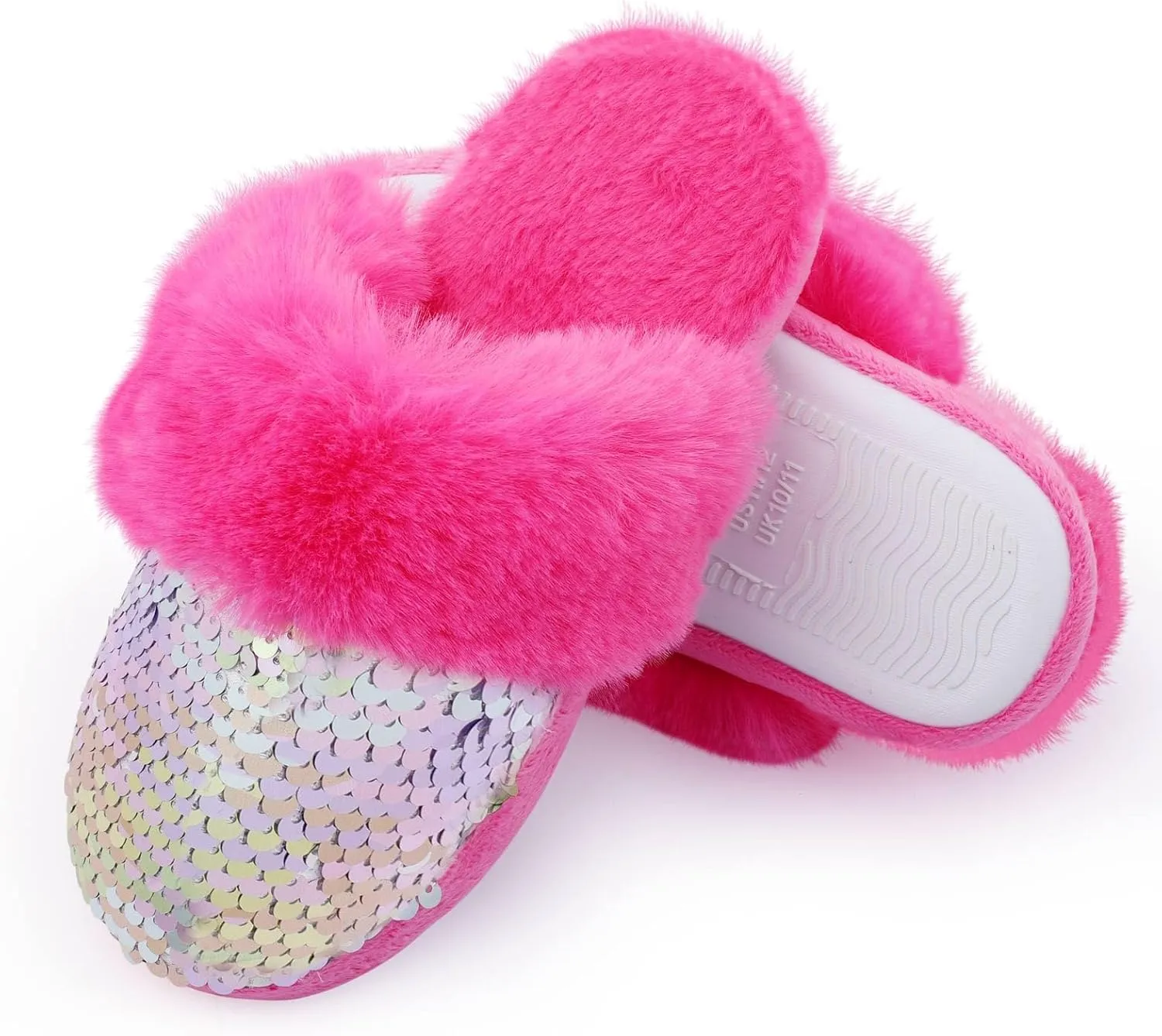 Girls Plush House Slippers Fluffy Sequin Slippers, Cute Faux Fur Slip-on Shoes Memory Foam House Slipper