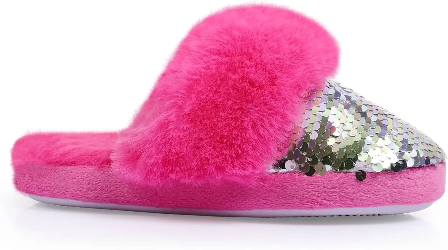 Girls Plush House Slippers Fluffy Sequin Slippers, Cute Faux Fur Slip-on Shoes Memory Foam House Slipper