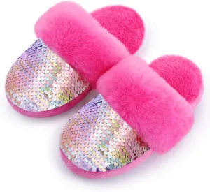 Girls Plush House Slippers Fluffy Sequin Slippers, Cute Faux Fur Slip-on Shoes Memory Foam House Slipper