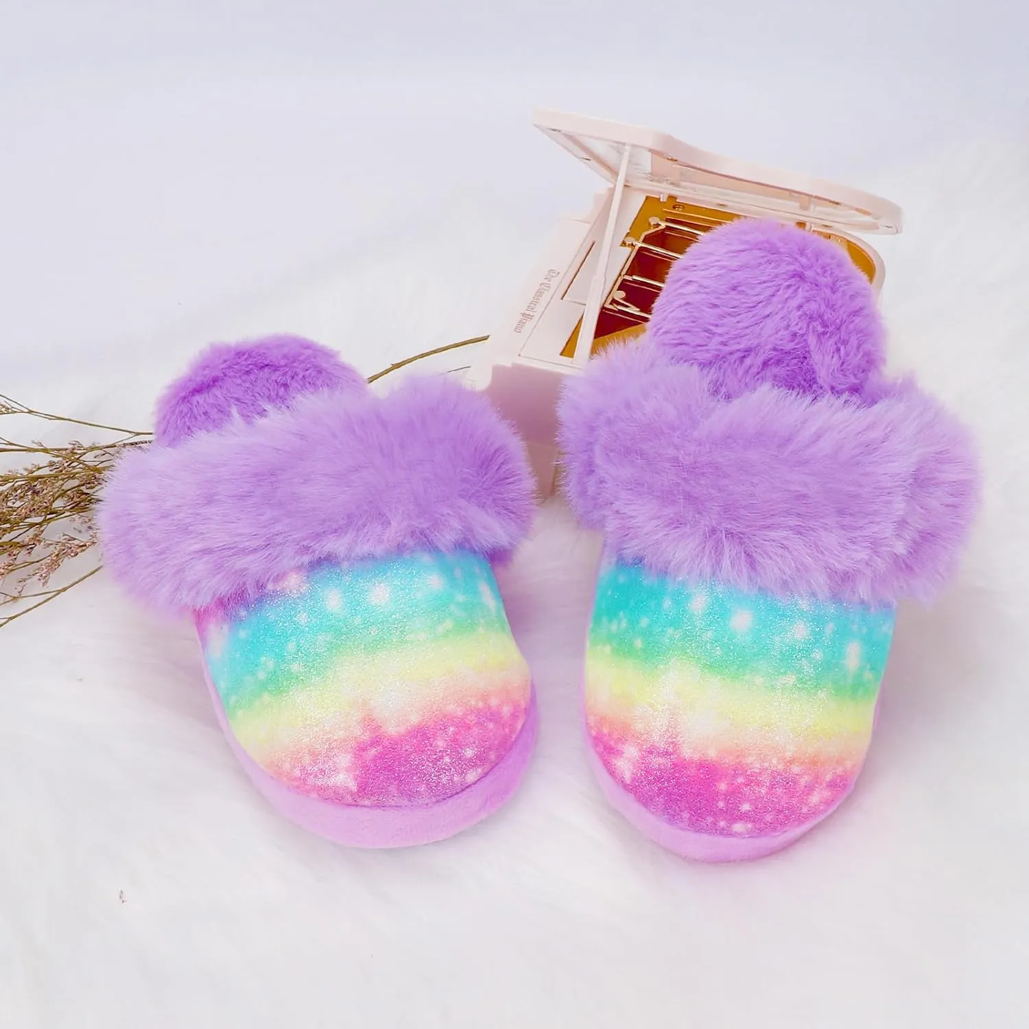 Girls Plush House Slippers Fluffy Sequin Slippers, Cute Faux Fur Slip-on Shoes Memory Foam House Slipper