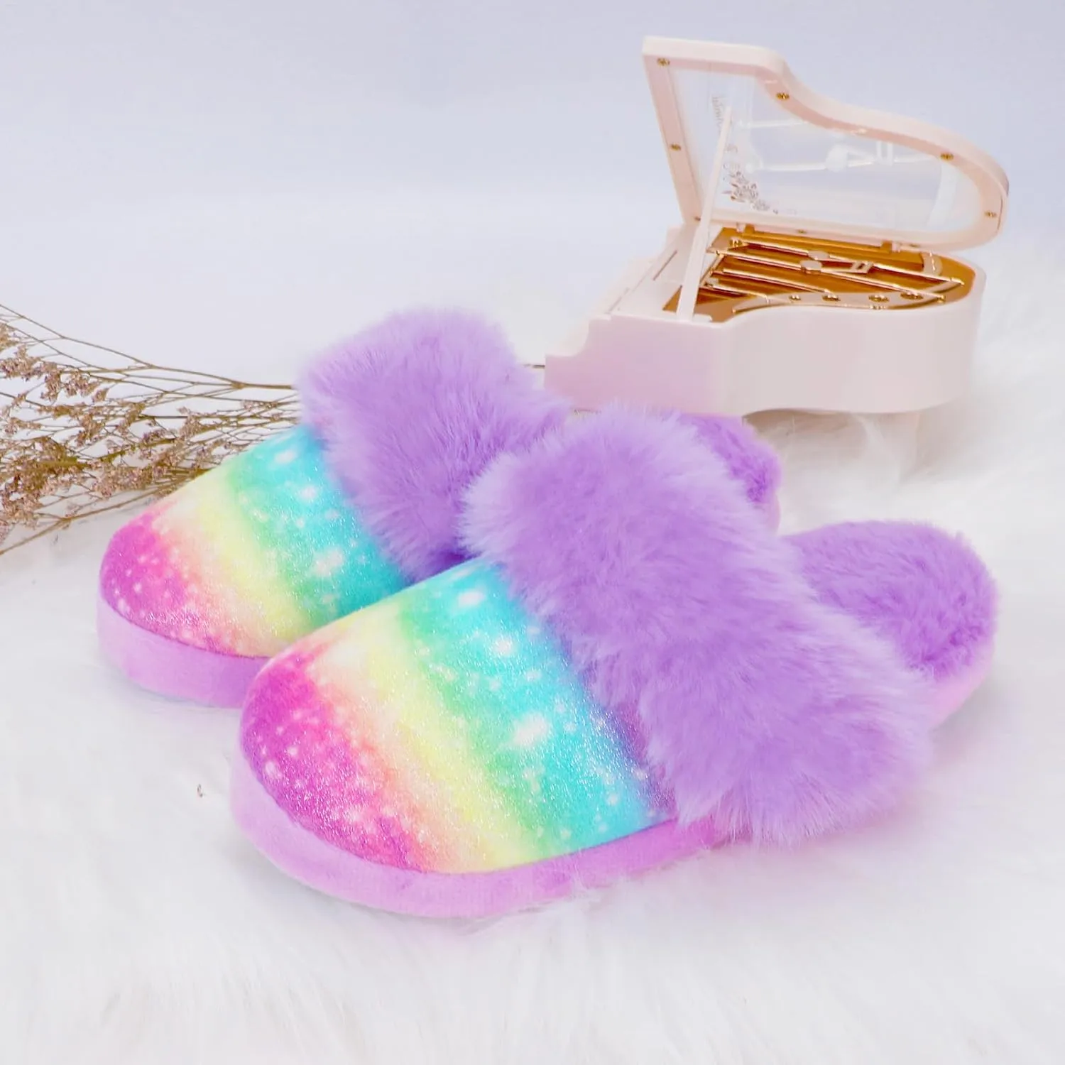 Girls Plush House Slippers Fluffy Sequin Slippers, Cute Faux Fur Slip-on Shoes Memory Foam House Slipper