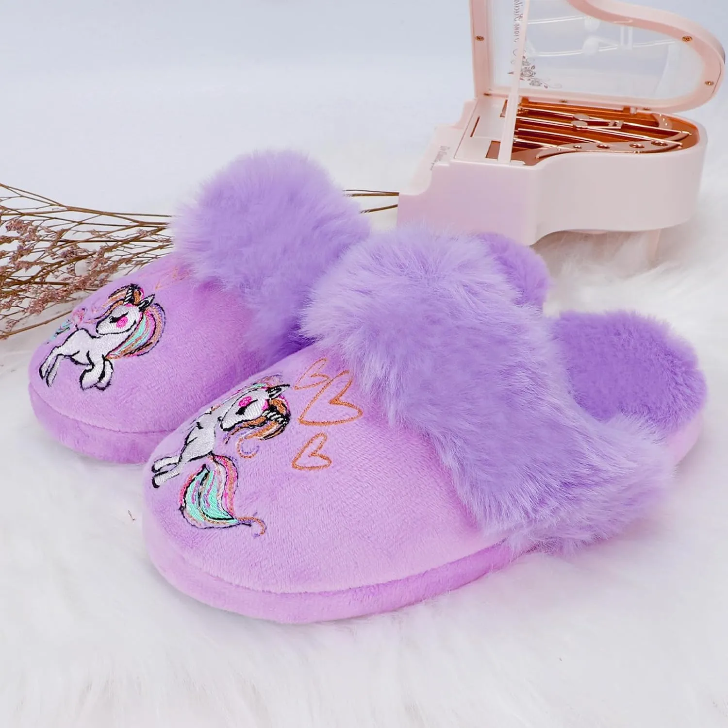 Girls Plush House Slippers Fluffy Sequin Slippers, Cute Faux Fur Slip-on Shoes Memory Foam House Slipper