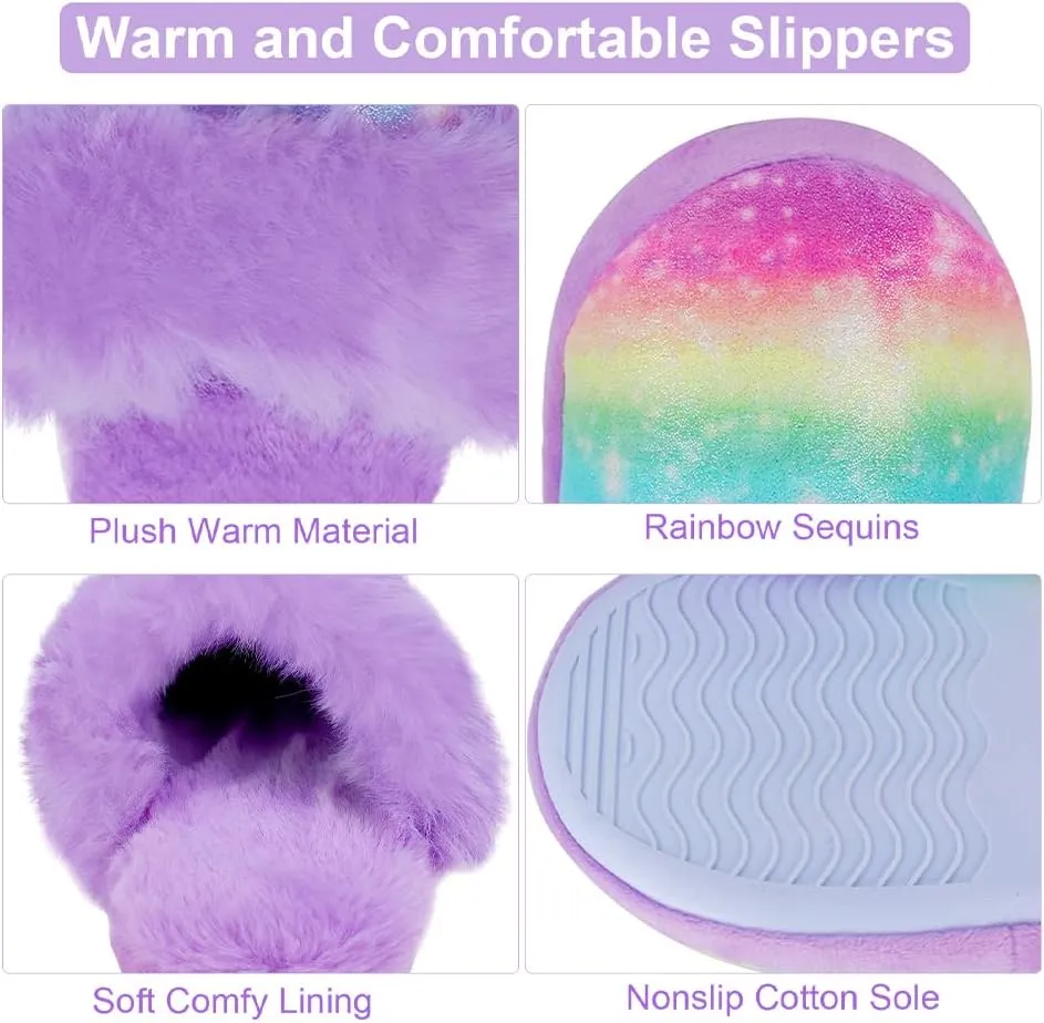 Girls Plush House Slippers Fluffy Sequin Slippers, Cute Faux Fur Slip-on Shoes Memory Foam House Slipper