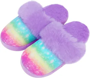 Girls Plush House Slippers Fluffy Sequin Slippers, Cute Faux Fur Slip-on Shoes Memory Foam House Slipper