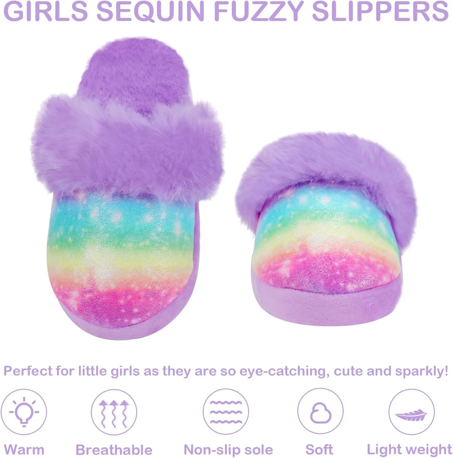 Girls Plush House Slippers Fluffy Sequin Slippers, Cute Faux Fur Slip-on Shoes Memory Foam House Slipper