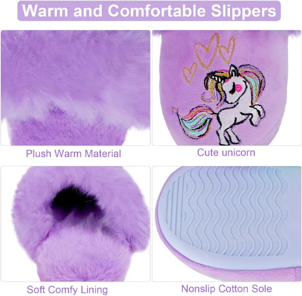 Girls Plush House Slippers Fluffy Sequin Slippers, Cute Faux Fur Slip-on Shoes Memory Foam House Slipper
