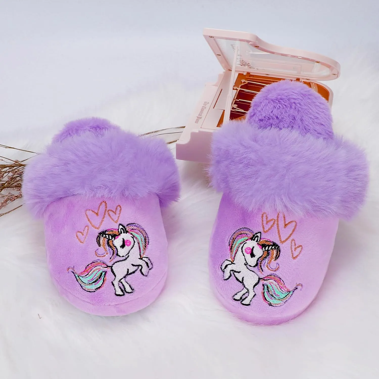 Girls Plush House Slippers Fluffy Sequin Slippers, Cute Faux Fur Slip-on Shoes Memory Foam House Slipper