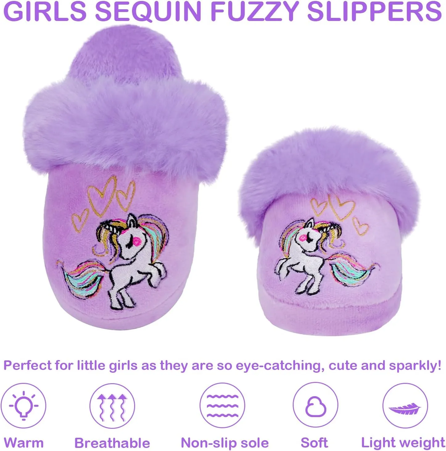 Girls Plush House Slippers Fluffy Sequin Slippers, Cute Faux Fur Slip-on Shoes Memory Foam House Slipper