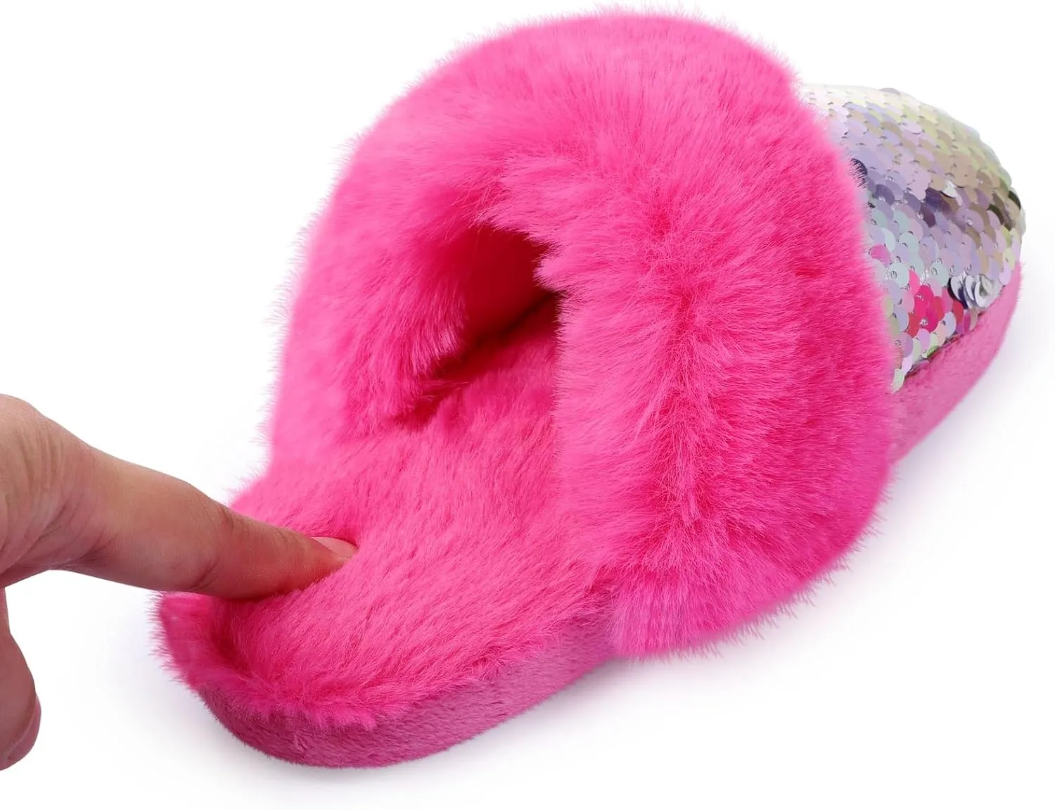 Girls Plush House Slippers Fluffy Sequin Slippers, Cute Faux Fur Slip-on Shoes Memory Foam House Slipper