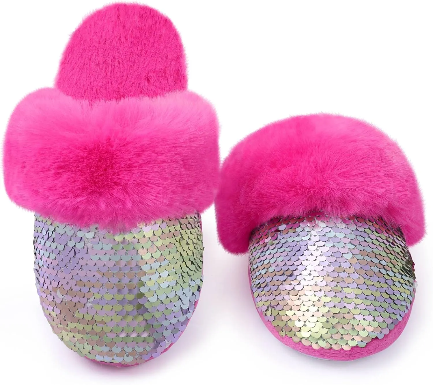 Girls Plush House Slippers Fluffy Sequin Slippers, Cute Faux Fur Slip-on Shoes Memory Foam House Slipper