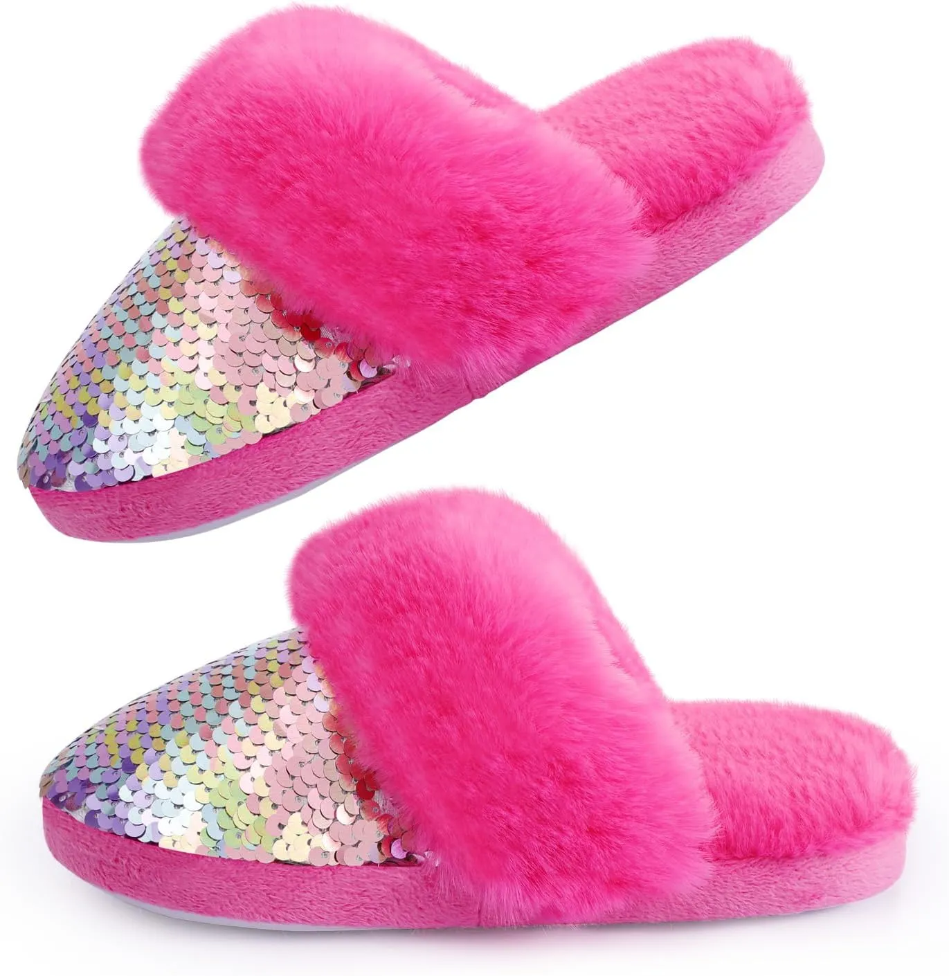 Girls Plush House Slippers Fluffy Sequin Slippers, Cute Faux Fur Slip-on Shoes Memory Foam House Slipper