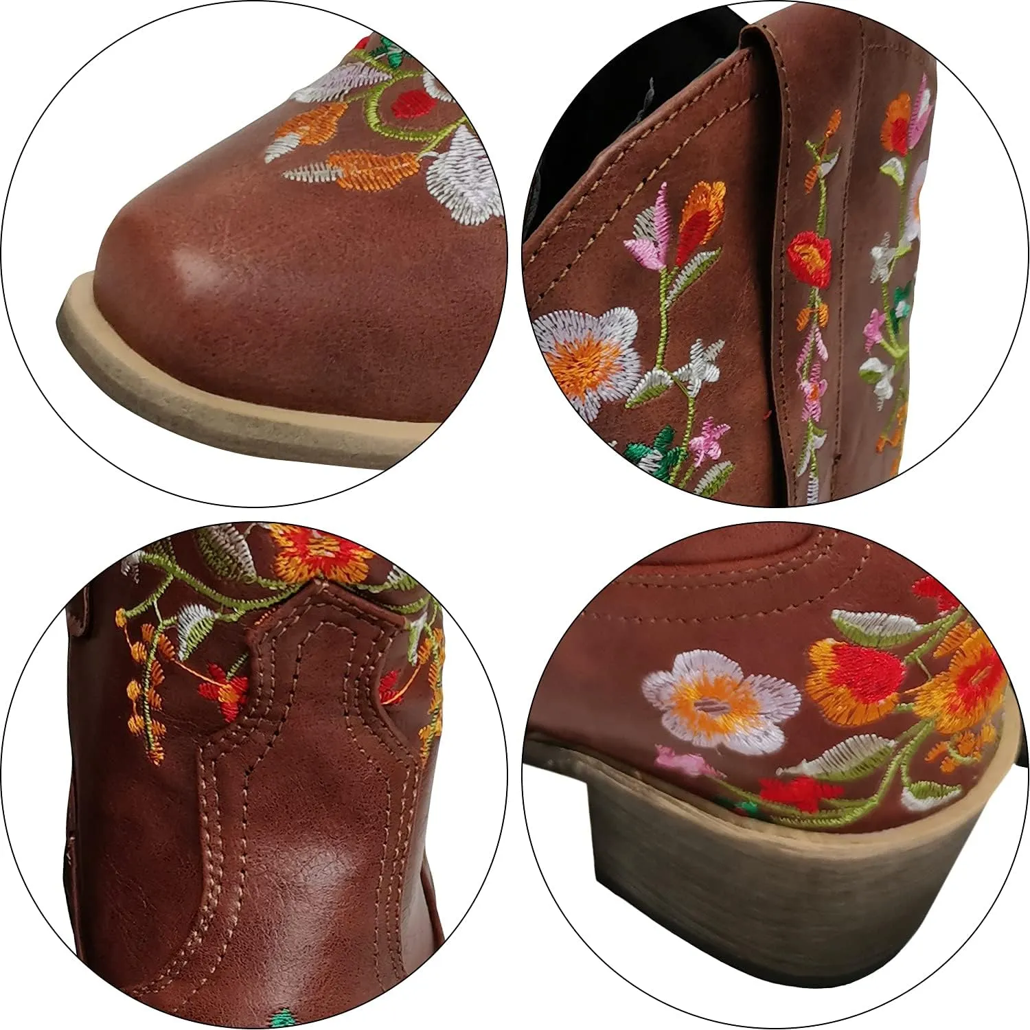 gloryinterest Cowboy Boots for Women Ankle Cowgirl Boots Western Flower Embroidered Square Toe Chunky Heel Stitched Retro Black Brown Red Blue Yellow Purple US5.5-10.5