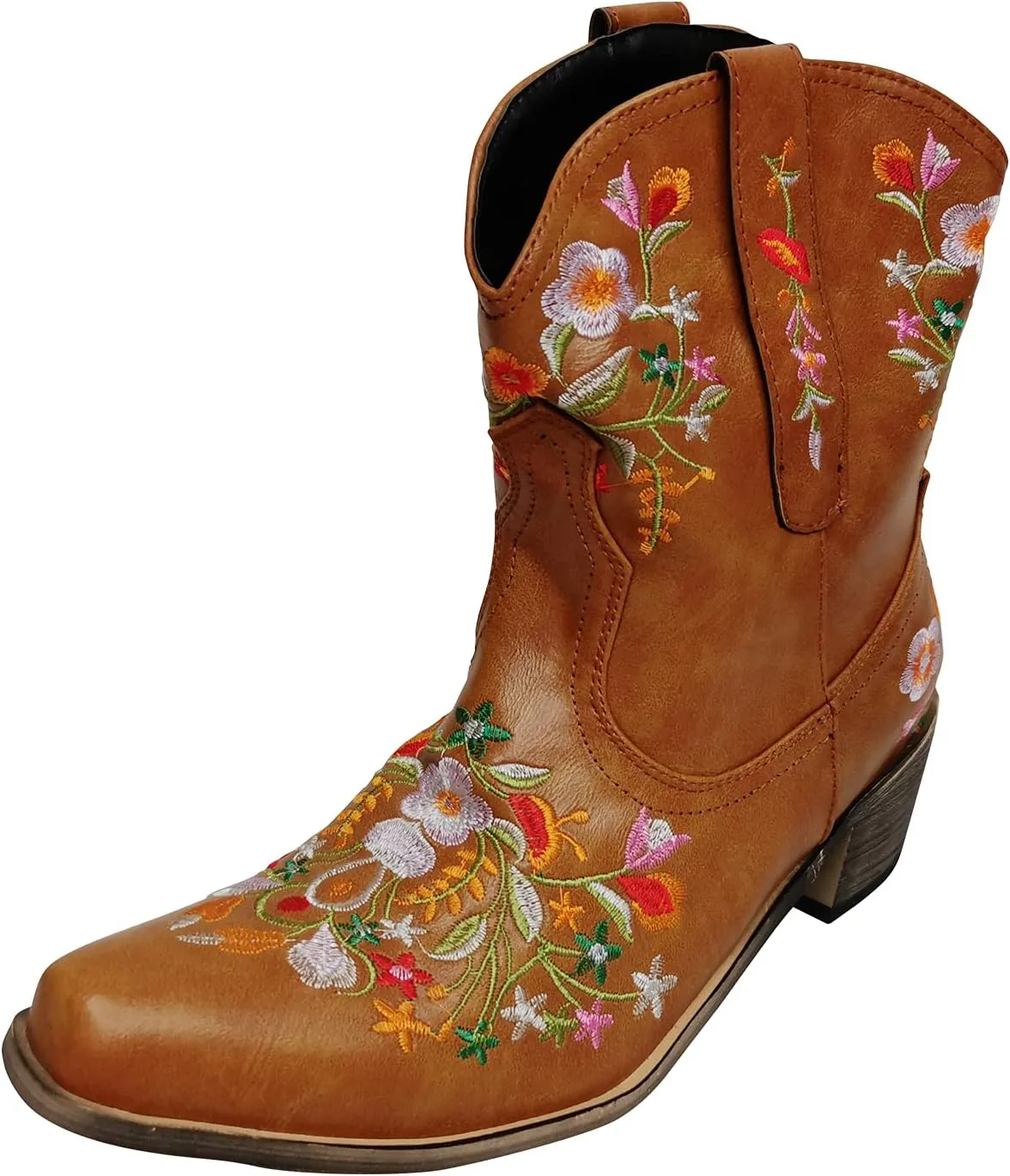 gloryinterest Cowboy Boots for Women Ankle Cowgirl Boots Western Flower Embroidered Square Toe Chunky Heel Stitched Retro Black Brown Red Blue Yellow Purple US5.5-10.5