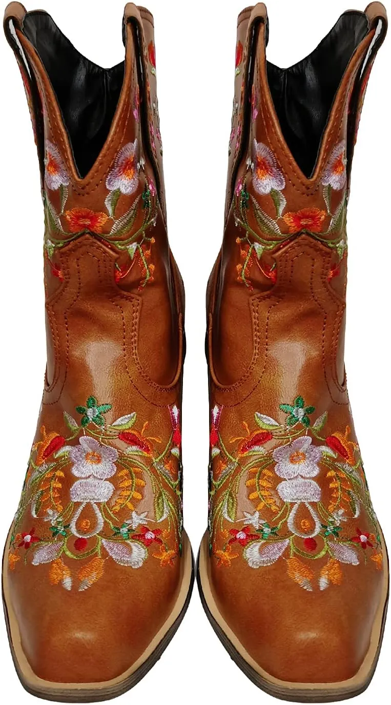 gloryinterest Cowboy Boots for Women Ankle Cowgirl Boots Western Flower Embroidered Square Toe Chunky Heel Stitched Retro Black Brown Red Blue Yellow Purple US5.5-10.5