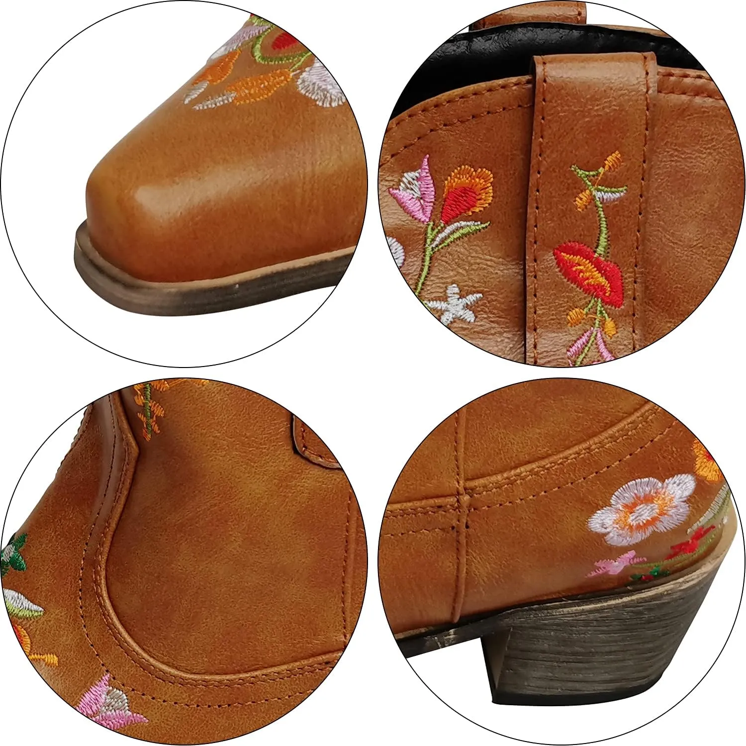 gloryinterest Cowboy Boots for Women Ankle Cowgirl Boots Western Flower Embroidered Square Toe Chunky Heel Stitched Retro Black Brown Red Blue Yellow Purple US5.5-10.5