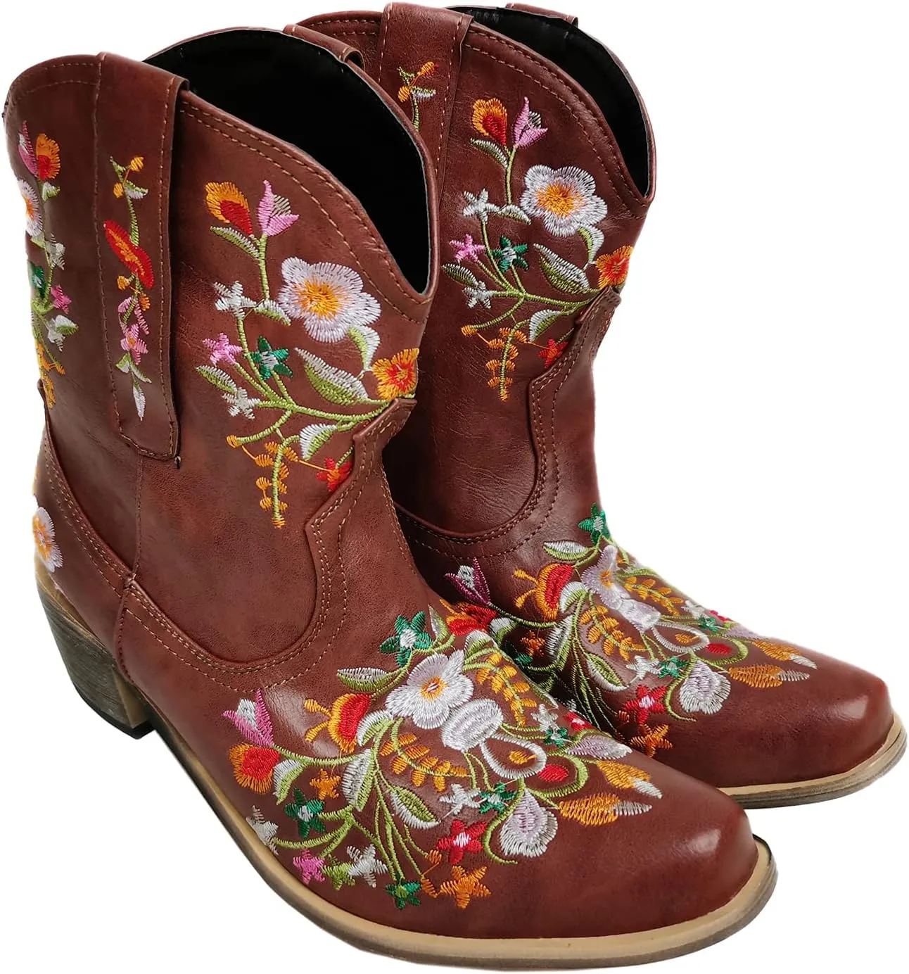 gloryinterest Cowboy Boots for Women Ankle Cowgirl Boots Western Flower Embroidered Square Toe Chunky Heel Stitched Retro Black Brown Red Blue Yellow Purple US5.5-10.5