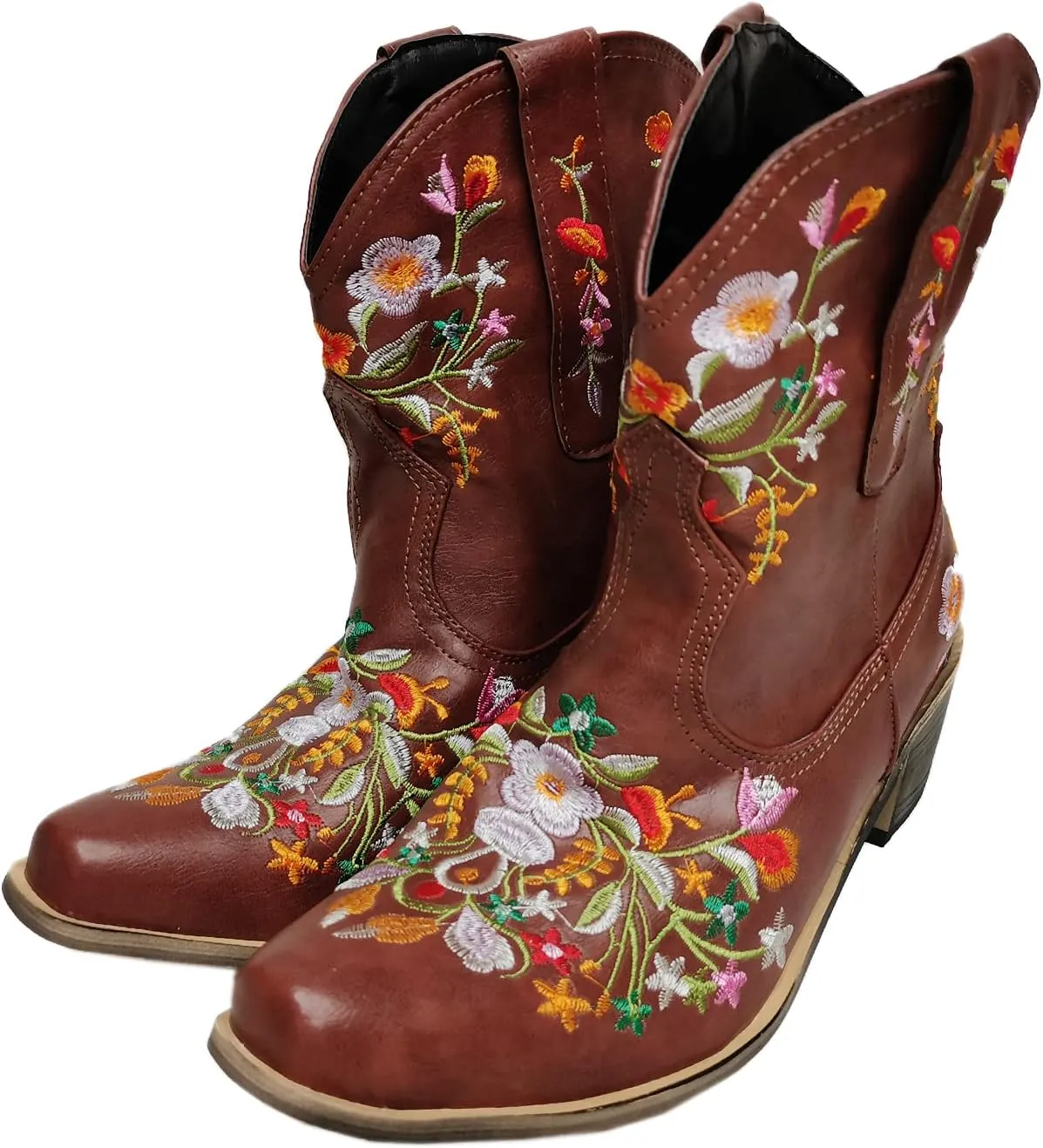 gloryinterest Cowboy Boots for Women Ankle Cowgirl Boots Western Flower Embroidered Square Toe Chunky Heel Stitched Retro Black Brown Red Blue Yellow Purple US5.5-10.5