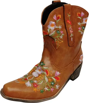 gloryinterest Cowboy Boots for Women Ankle Cowgirl Boots Western Flower Embroidered Square Toe Chunky Heel Stitched Retro Black Brown Red Blue Yellow Purple US5.5-10.5