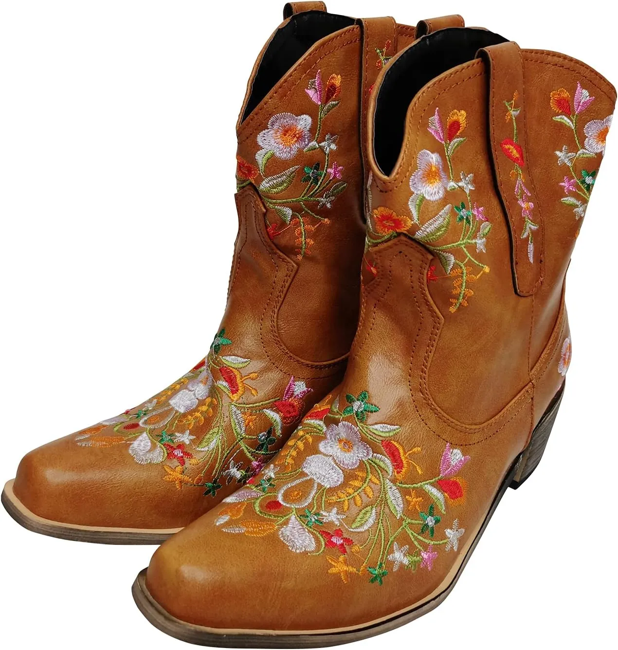 gloryinterest Cowboy Boots for Women Ankle Cowgirl Boots Western Flower Embroidered Square Toe Chunky Heel Stitched Retro Black Brown Red Blue Yellow Purple US5.5-10.5