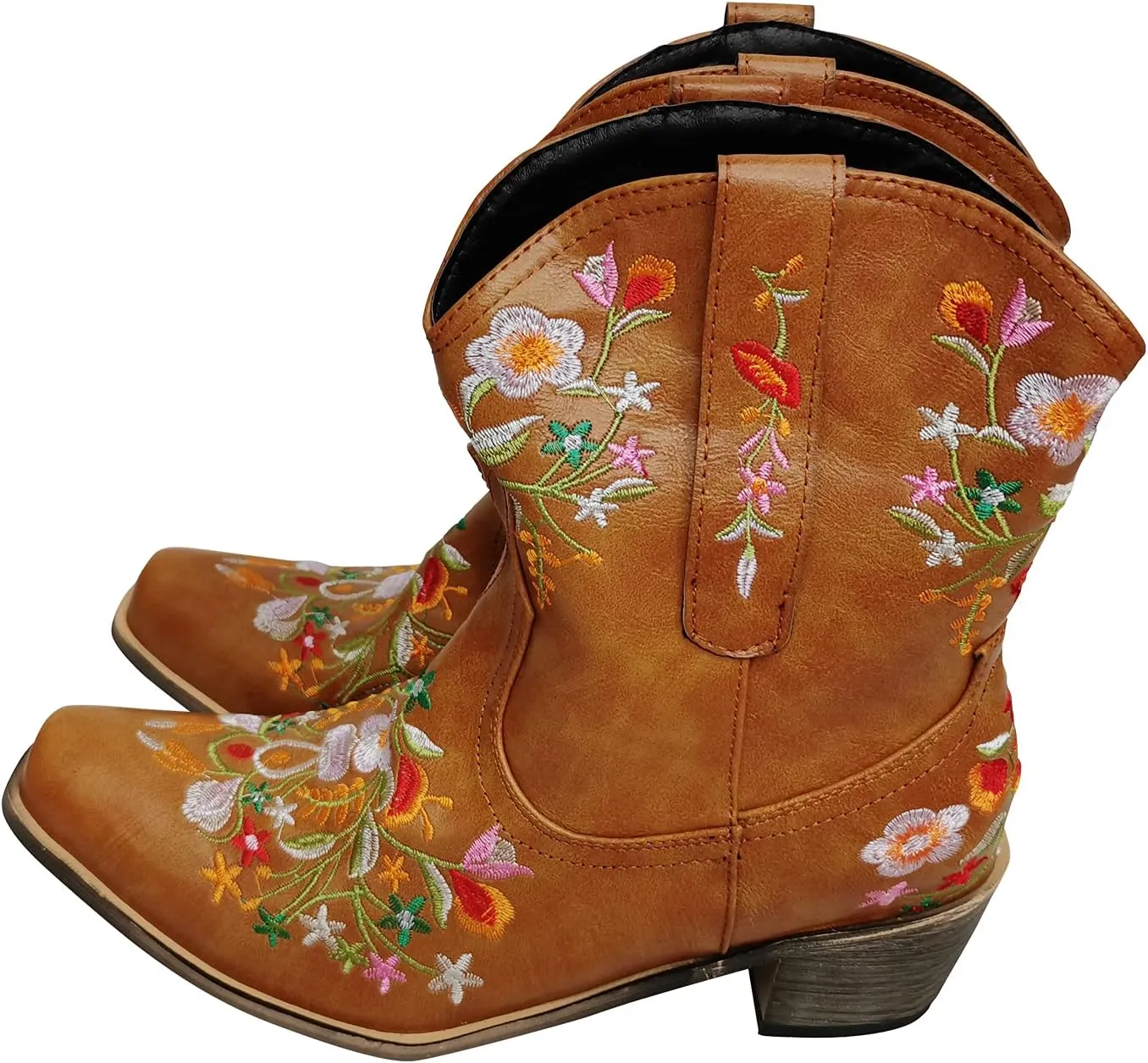gloryinterest Cowboy Boots for Women Ankle Cowgirl Boots Western Flower Embroidered Square Toe Chunky Heel Stitched Retro Black Brown Red Blue Yellow Purple US5.5-10.5