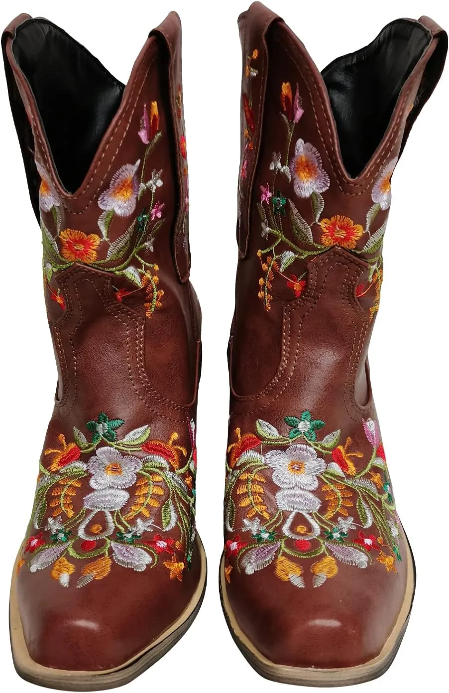 gloryinterest Cowboy Boots for Women Ankle Cowgirl Boots Western Flower Embroidered Square Toe Chunky Heel Stitched Retro Black Brown Red Blue Yellow Purple US5.5-10.5