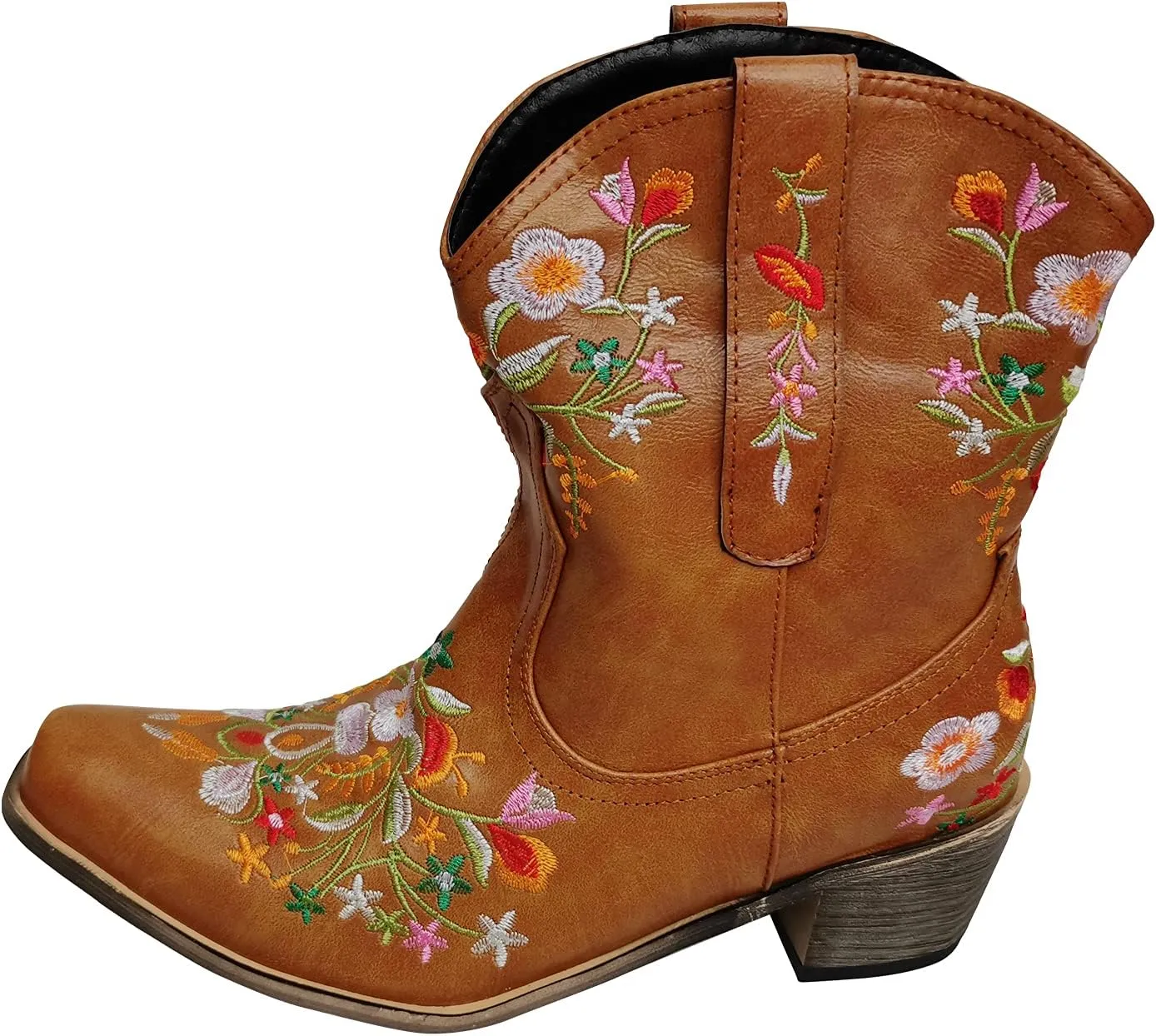 gloryinterest Cowboy Boots for Women Ankle Cowgirl Boots Western Flower Embroidered Square Toe Chunky Heel Stitched Retro Black Brown Red Blue Yellow Purple US5.5-10.5