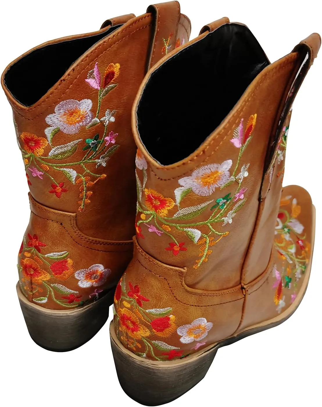 gloryinterest Cowboy Boots for Women Ankle Cowgirl Boots Western Flower Embroidered Square Toe Chunky Heel Stitched Retro Black Brown Red Blue Yellow Purple US5.5-10.5